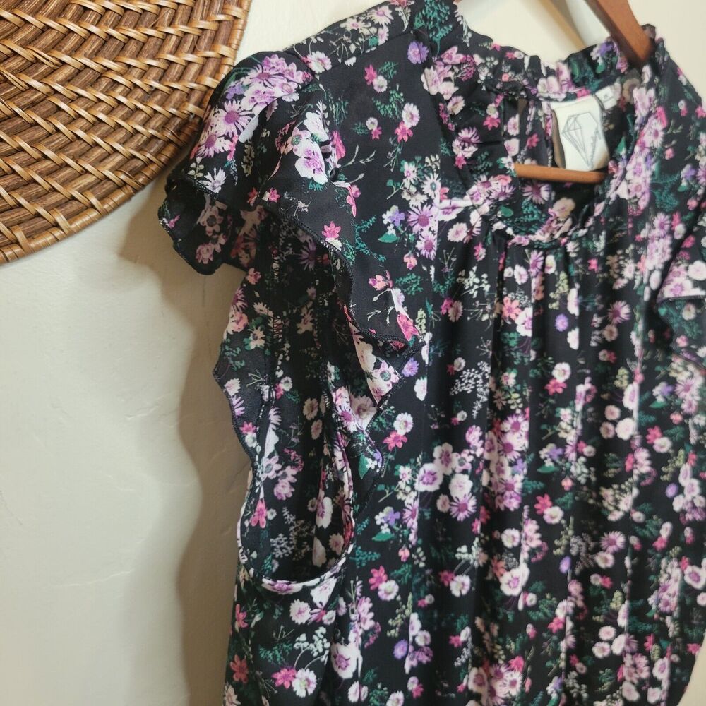 Janet Chung Peplum Floral Chiffon Top Black Purple Pink Flowers Ruffle Sleeve 2X - Picture 4 of 13